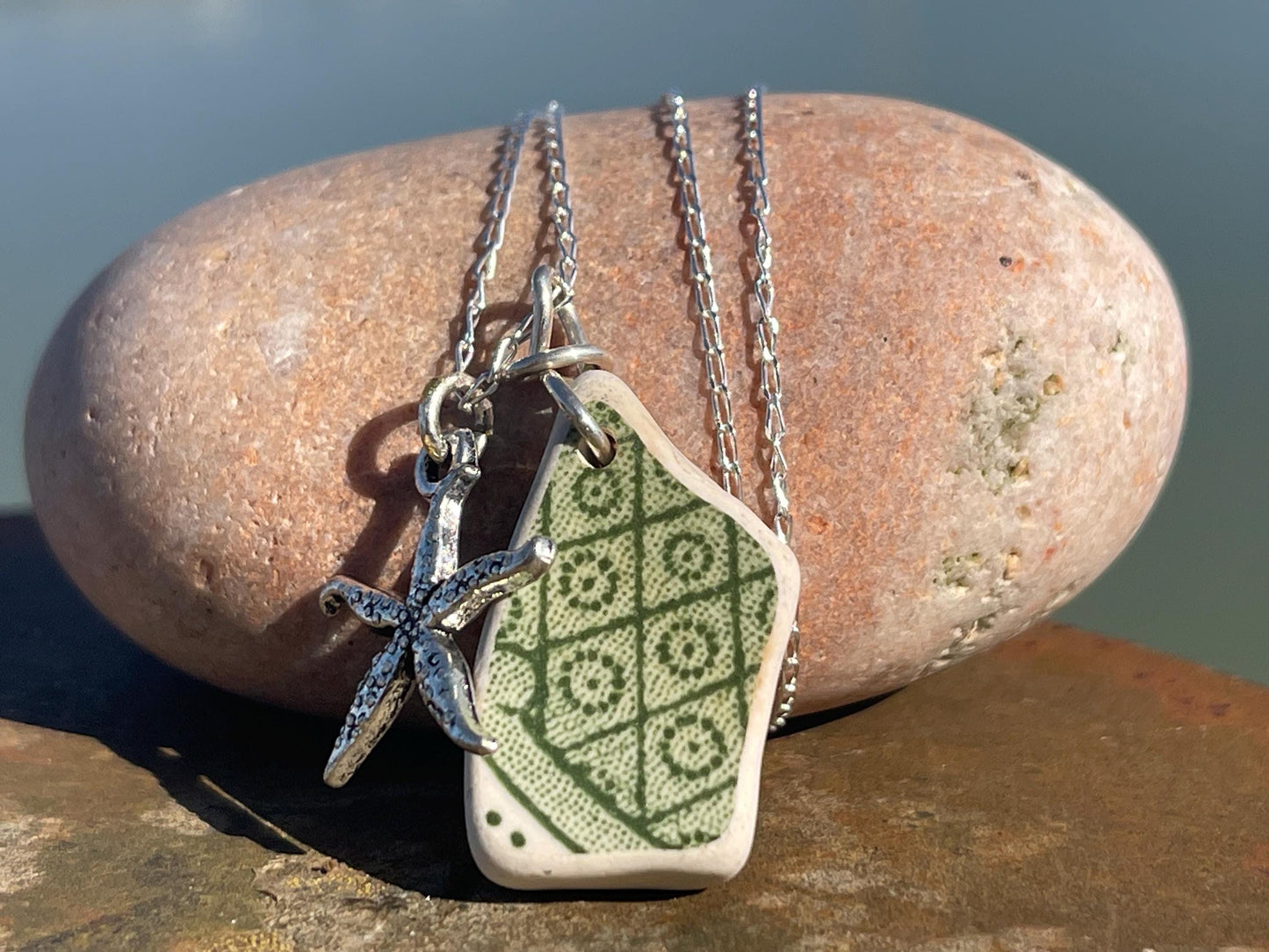 Eco friendly sea ceramic necklace on a sterling silver chain. Eco friendly jewellery, ethical jewellery. Eco friendly necklace.