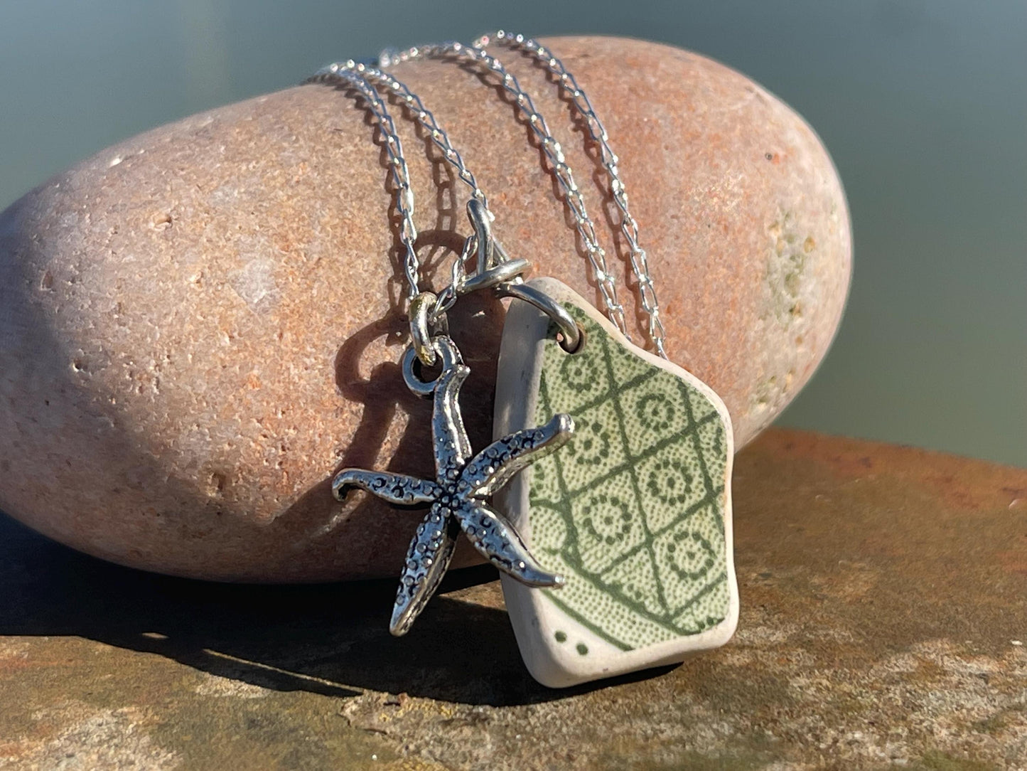 Eco friendly sea ceramic necklace on a sterling silver chain. Eco friendly jewellery, ethical jewellery. Eco friendly necklace.