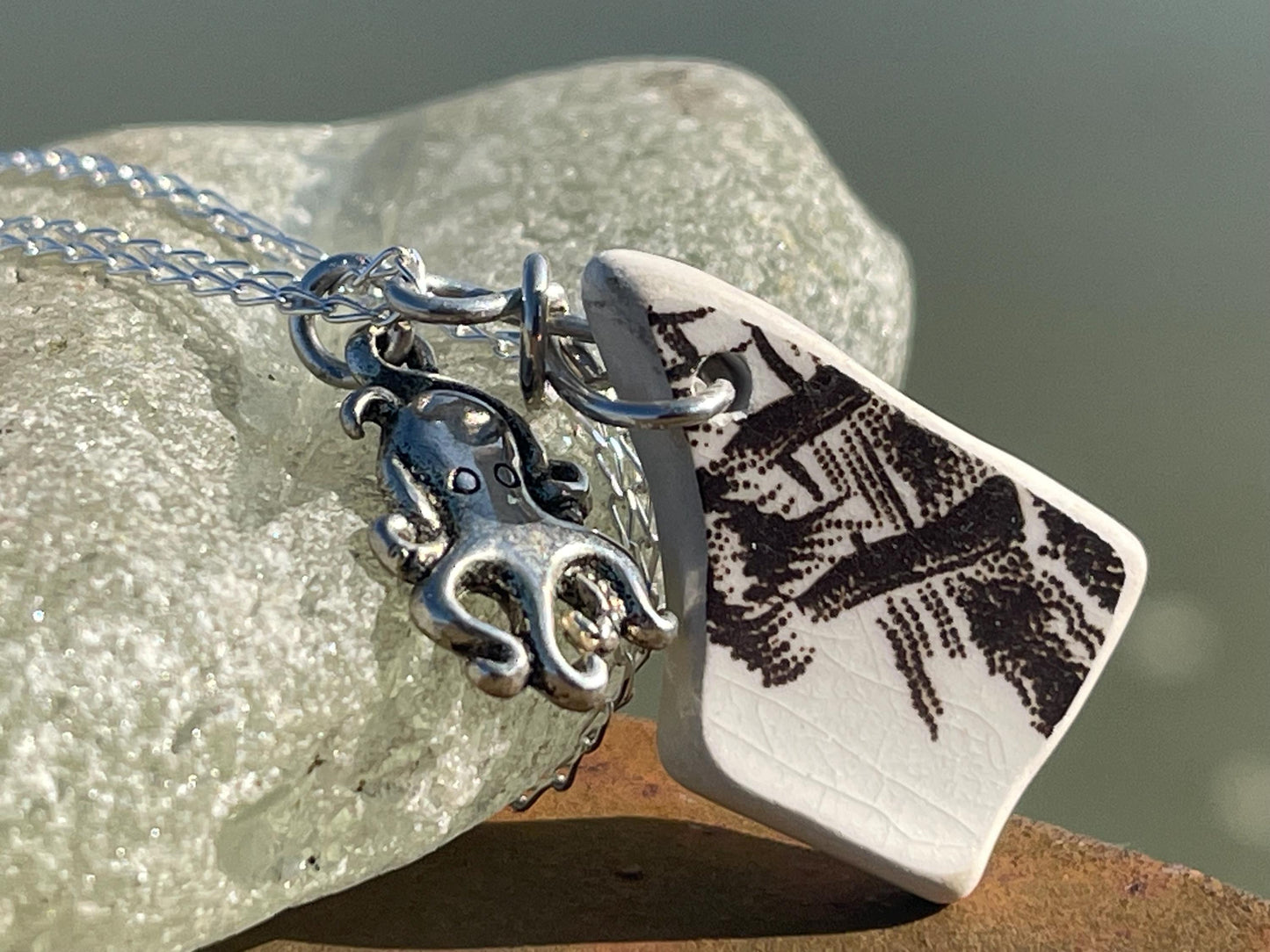 Eco friendly sea ceramic necklace on a sterling silver chain. Eco friendly jewellery, ethical jewellery. Eco friendly necklace.