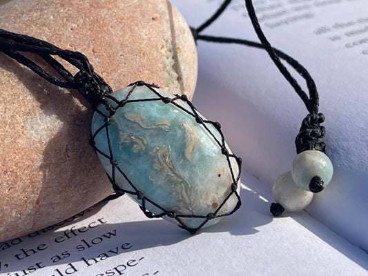 Stunning macrame Larimar necklace on an adjustable cord. Handmade gemstone necklace, boho jewellery. Macrame jewellery. Unique necklace.