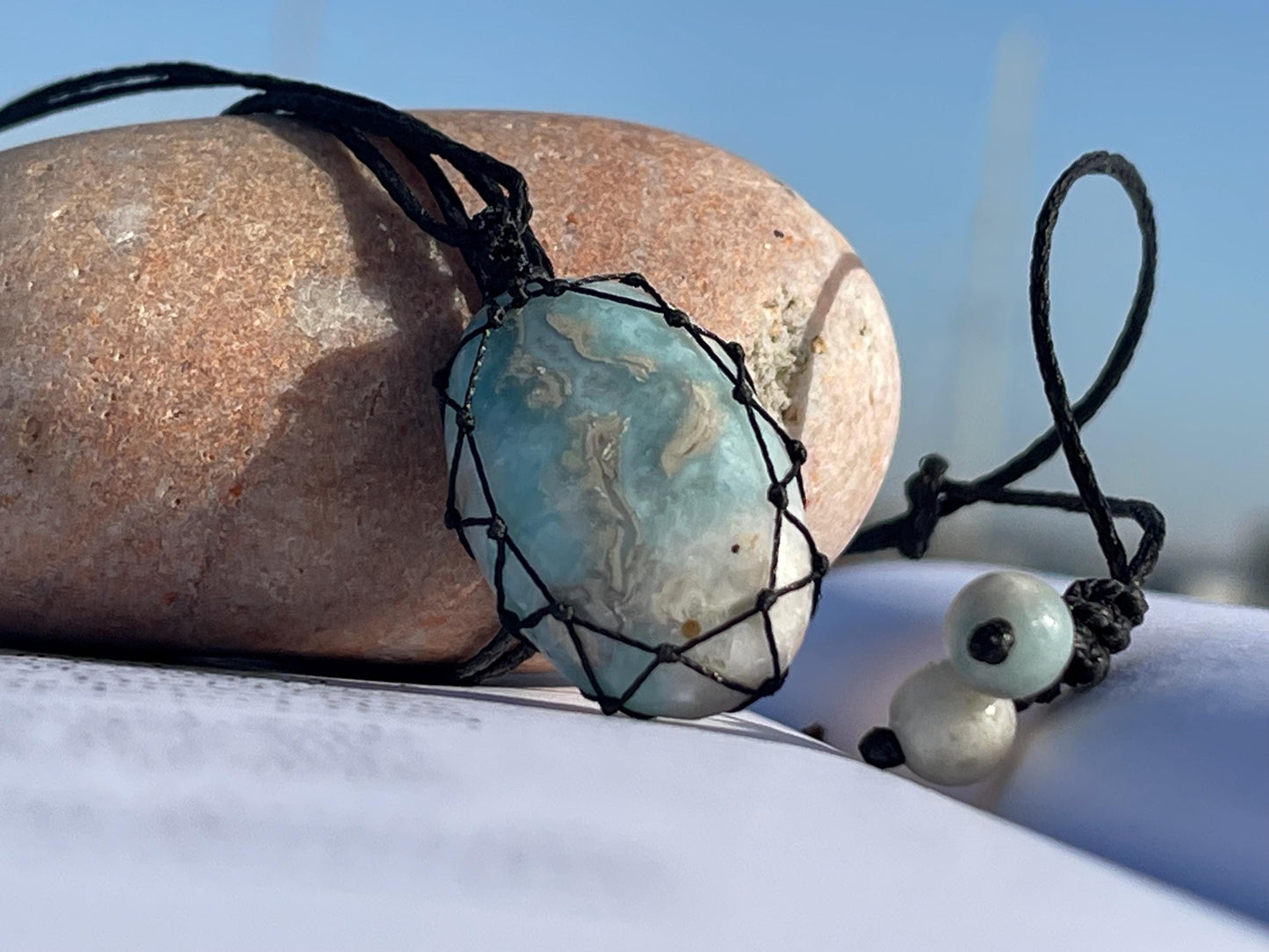Stunning macrame Larimar necklace on an adjustable cord. Handmade gemstone necklace, boho jewellery. Macrame jewellery. Unique necklace.