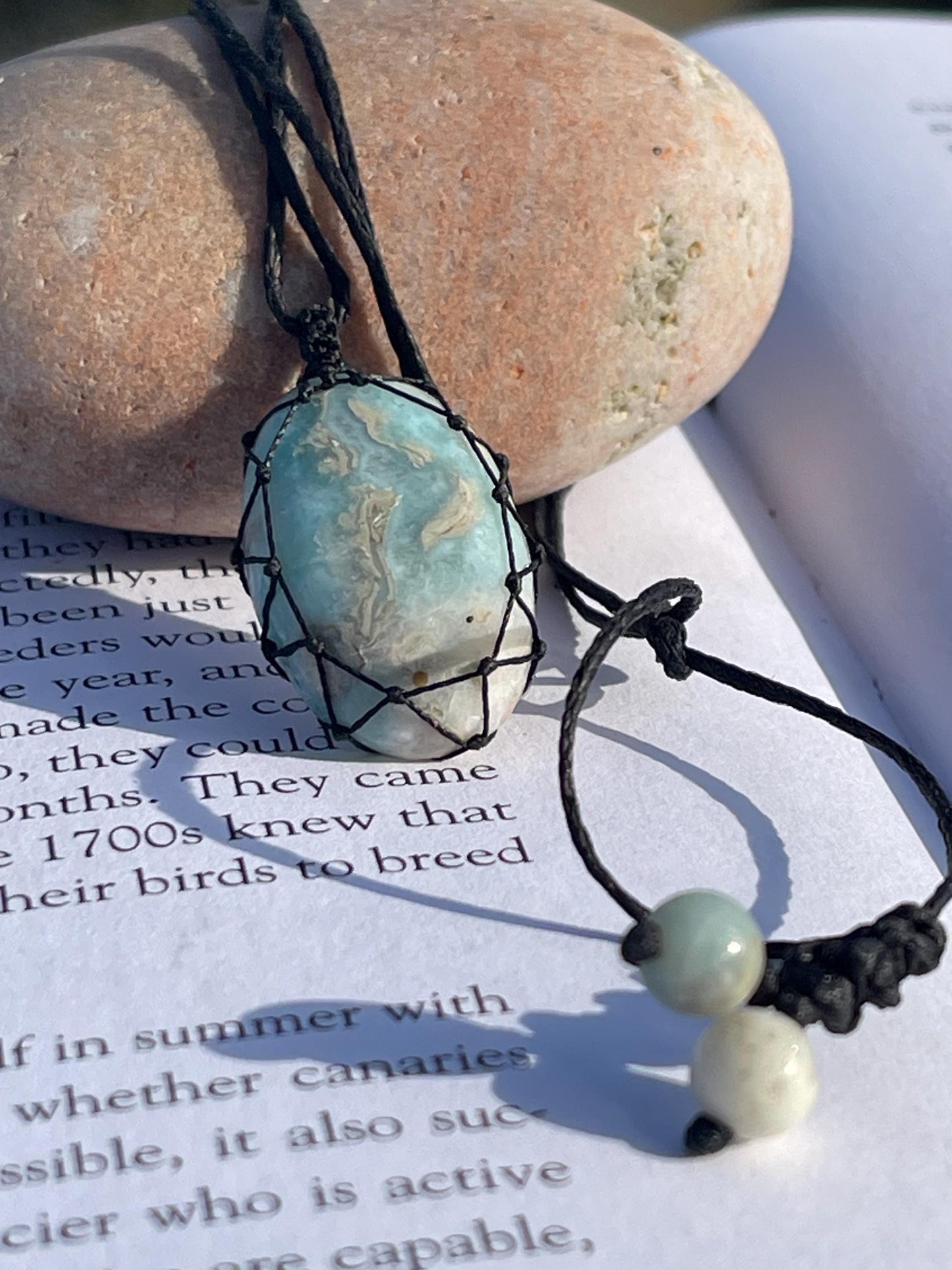 Stunning macrame Larimar necklace on an adjustable cord. Handmade gemstone necklace, boho jewellery. Macrame jewellery. Unique necklace.
