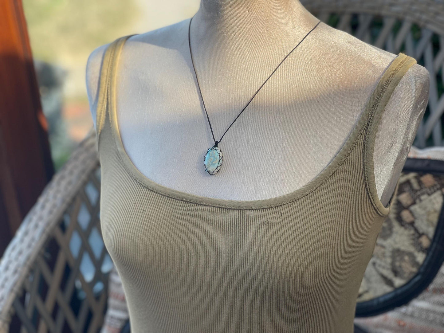 Stunning macrame Larimar necklace on an adjustable cord. Handmade gemstone necklace, boho jewellery. Macrame jewellery. Unique necklace.