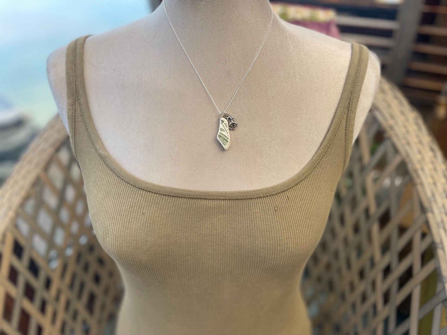 Eco friendly sea ceramic necklace on a sterling silver chain. Eco friendly jewellery, ethical jewellery. Eco friendly necklace.