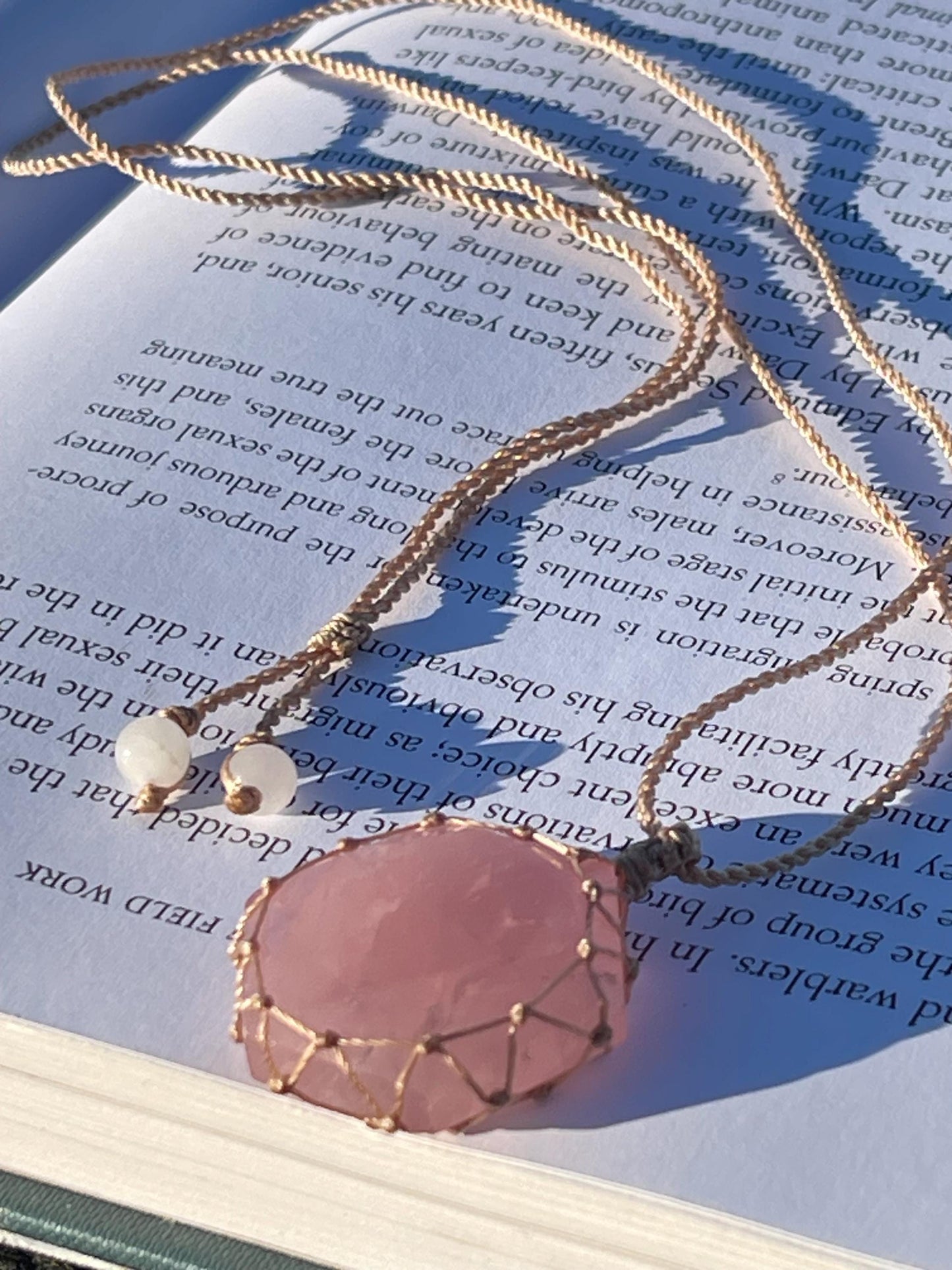Stunning macrame rose quartz necklace on an adjustable cord. Handmade gemstone necklace, boho jewellery. Macrame jewellery. Unique necklace.