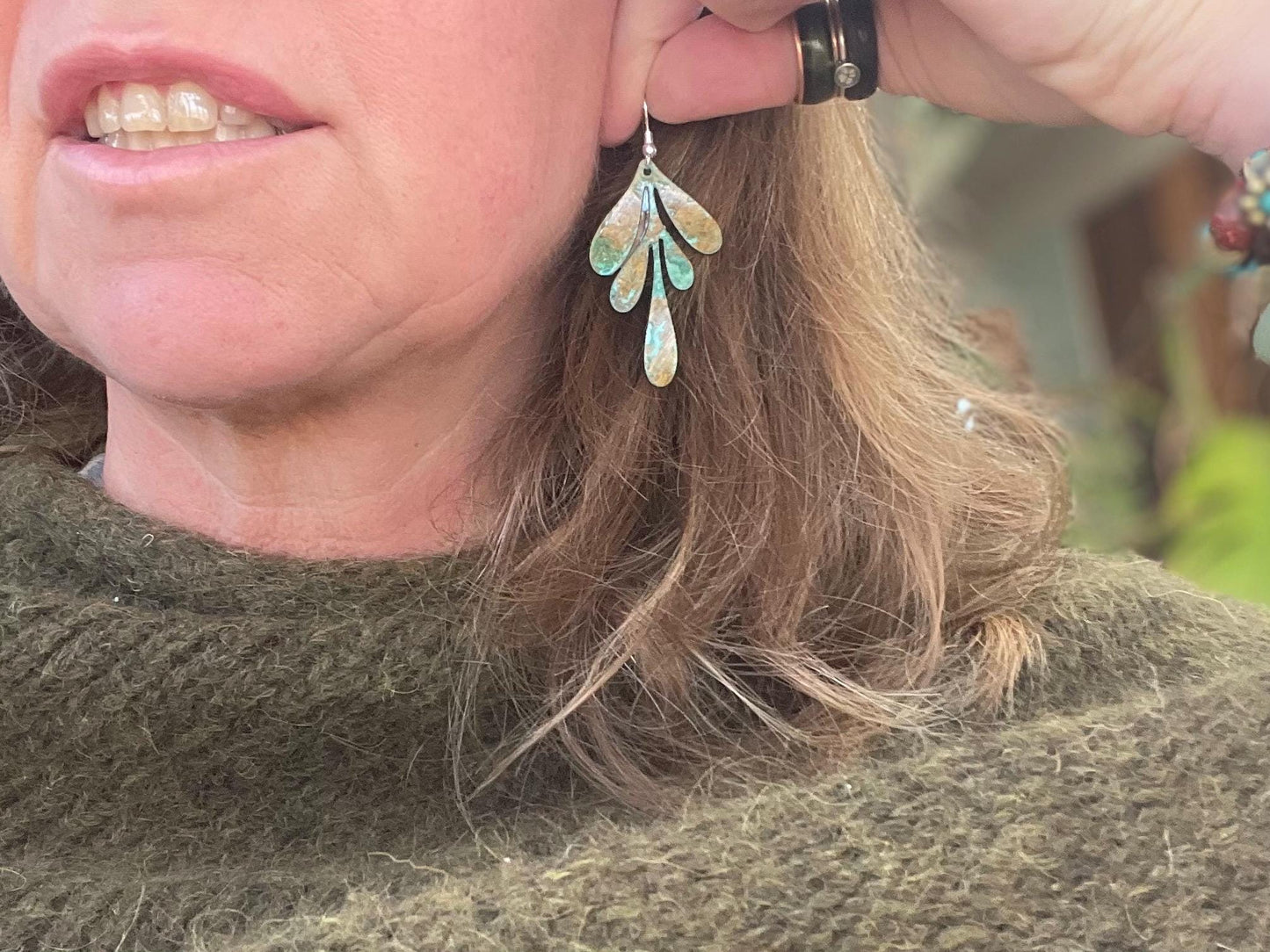 Handmade leaf earrings. Rustic earrings, unusual earrings, unusual gift for her, blue earrings, boho earrings, leaf jewellery, hippy gift