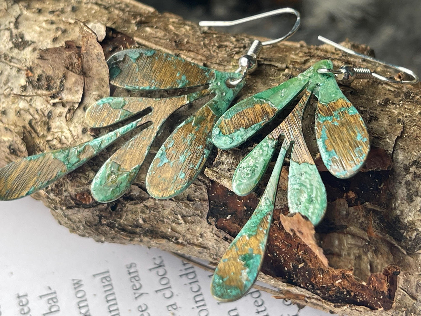 Handmade leaf earrings. Rustic earrings, unusual earrings, unusual gift for her, blue earrings, boho earrings, leaf jewellery, hippy gift