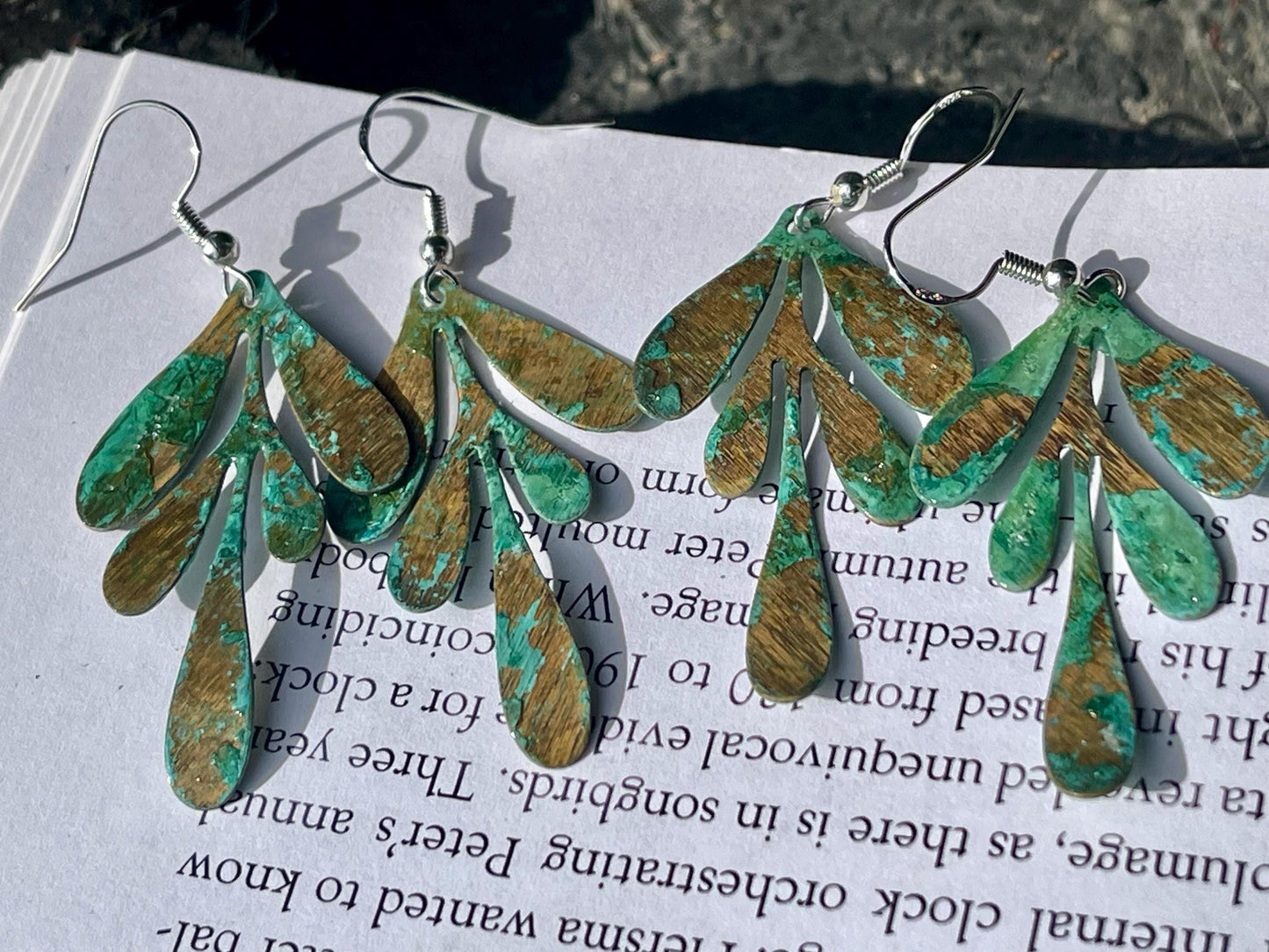 Handmade leaf earrings. Rustic earrings, unusual earrings, unusual gift for her, blue earrings, boho earrings, leaf jewellery, hippy gift