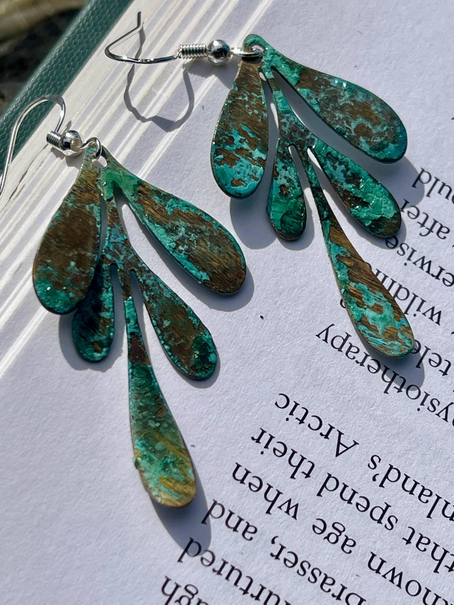 Handmade leaf earrings. Rustic earrings, unusual earrings, unusual gift for her, blue earrings, boho earrings, leaf jewellery, hippy gift