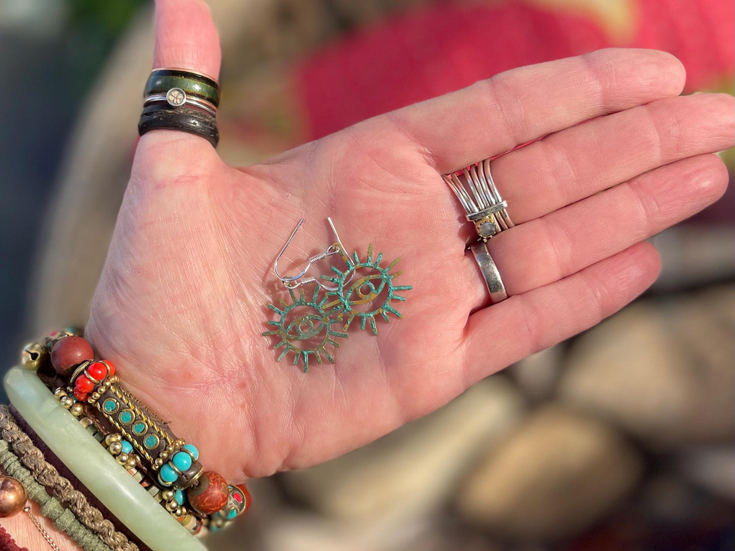 Inca eye earrings. Rustic earrings, unusual earrings, unusual gift for her, blue earrings, boho earrings, inca jewellery, hippy gift