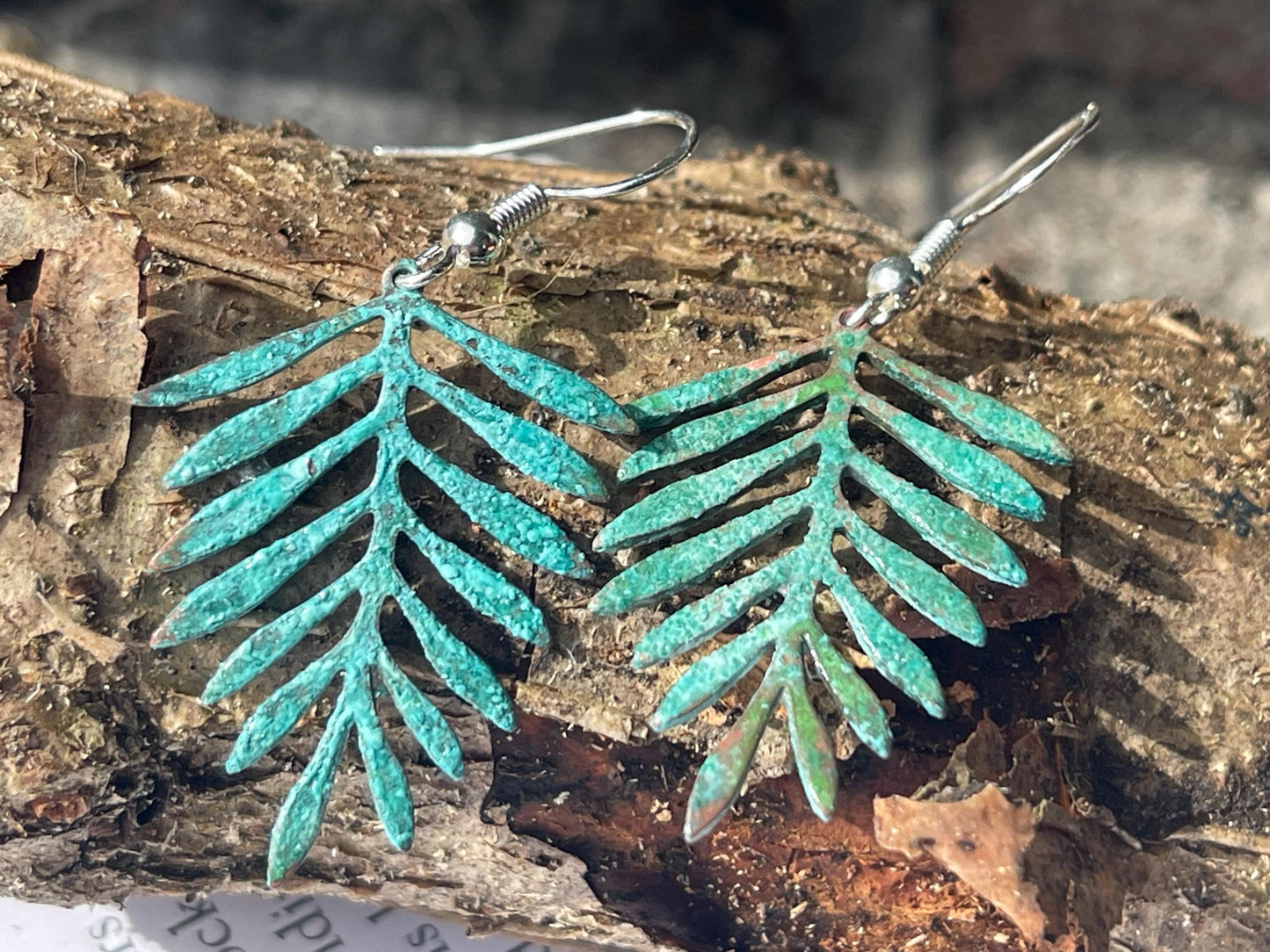 Handmade leaf earrings. Rustic earrings, unusual earrings, unusual gift for her, blue earrings, boho earrings, leaf jewellery, hippy gift