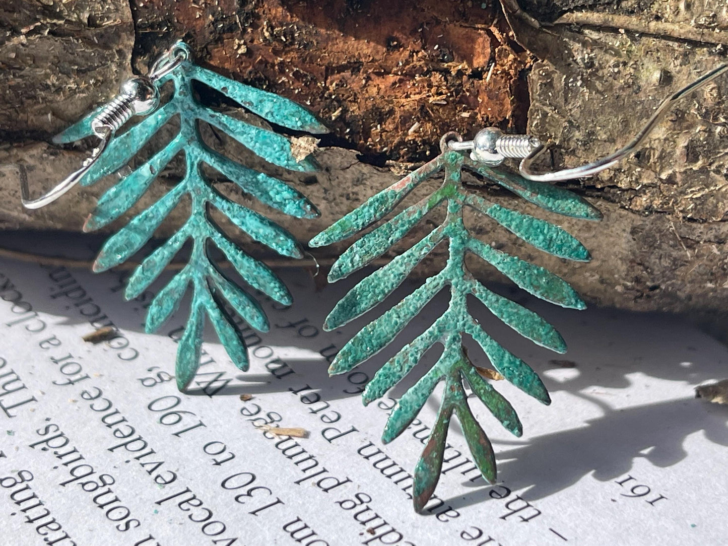 Handmade leaf earrings. Rustic earrings, unusual earrings, unusual gift for her, blue earrings, boho earrings, leaf jewellery, hippy gift