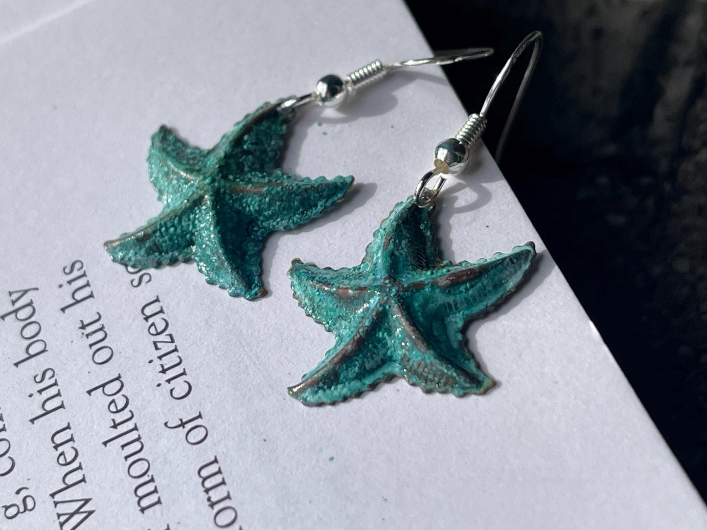 Handmade starfish earrings. Rustic earrings, unusual earrings, unusual gift for her, blue earrings, boho earrings, hippy gift. Beach earring