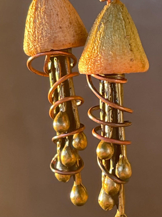 Jellyfish earrings made from recycled copper and eucalyptus seeds. Unique jellyfish jewellery. Handmade earrings. Eco friendly jewellery.