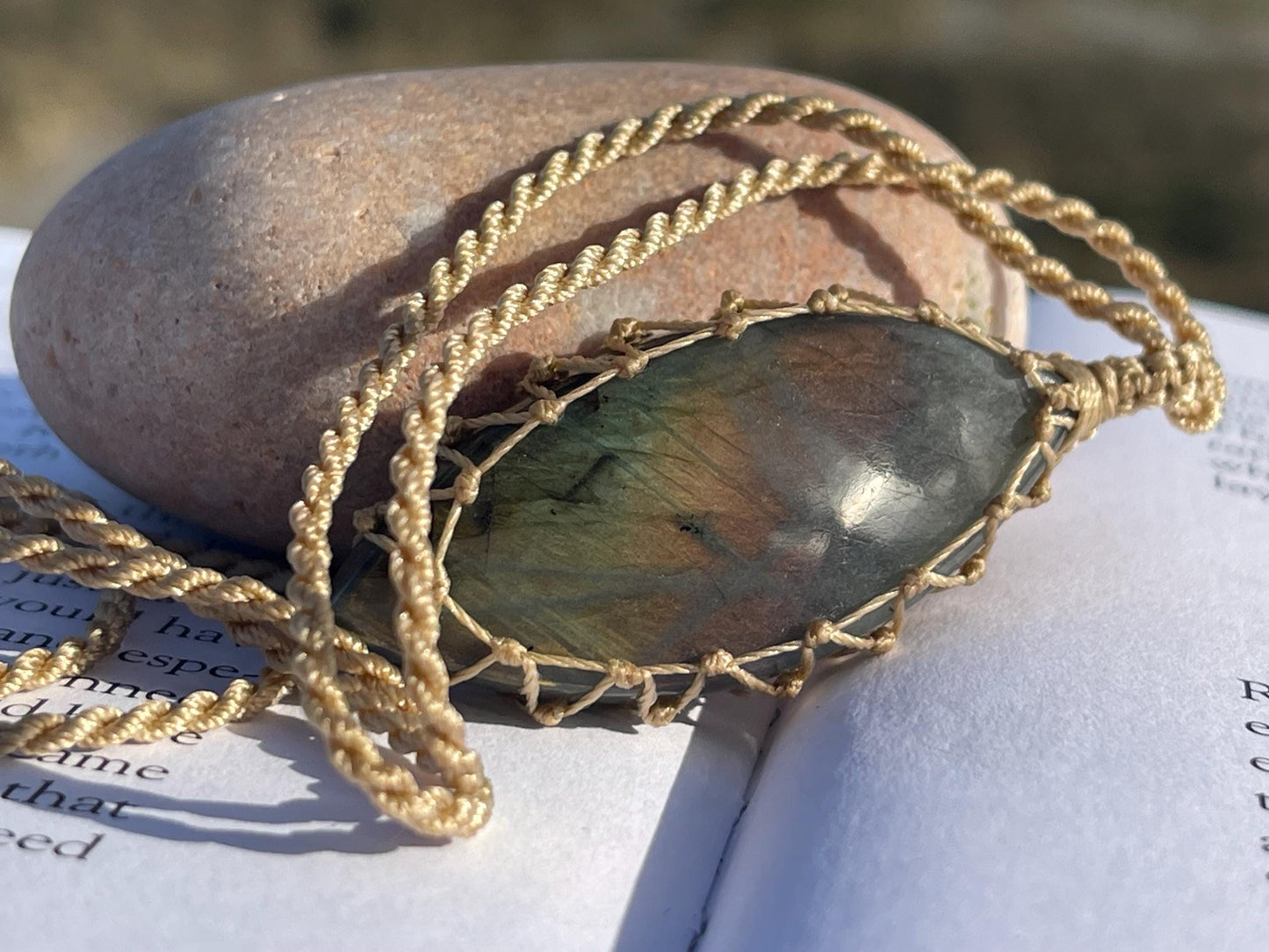 Stunning macrame labradorite necklace on an adjustable cord. Handmade gemstone necklace, boho jewellery. Macrame jewellery. Unique necklace.