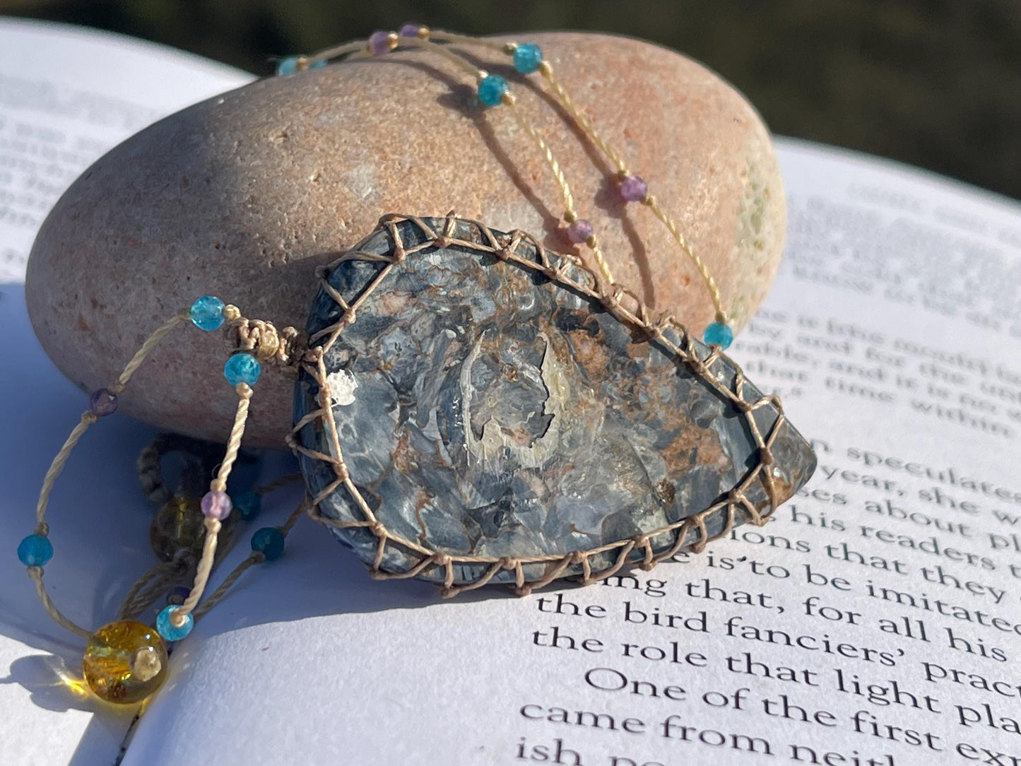 Stunning pietersite gemstone necklace, citrine pendant. Handmade gemstone necklace, boho jewellery. Macrame jewellery. Unique necklace.