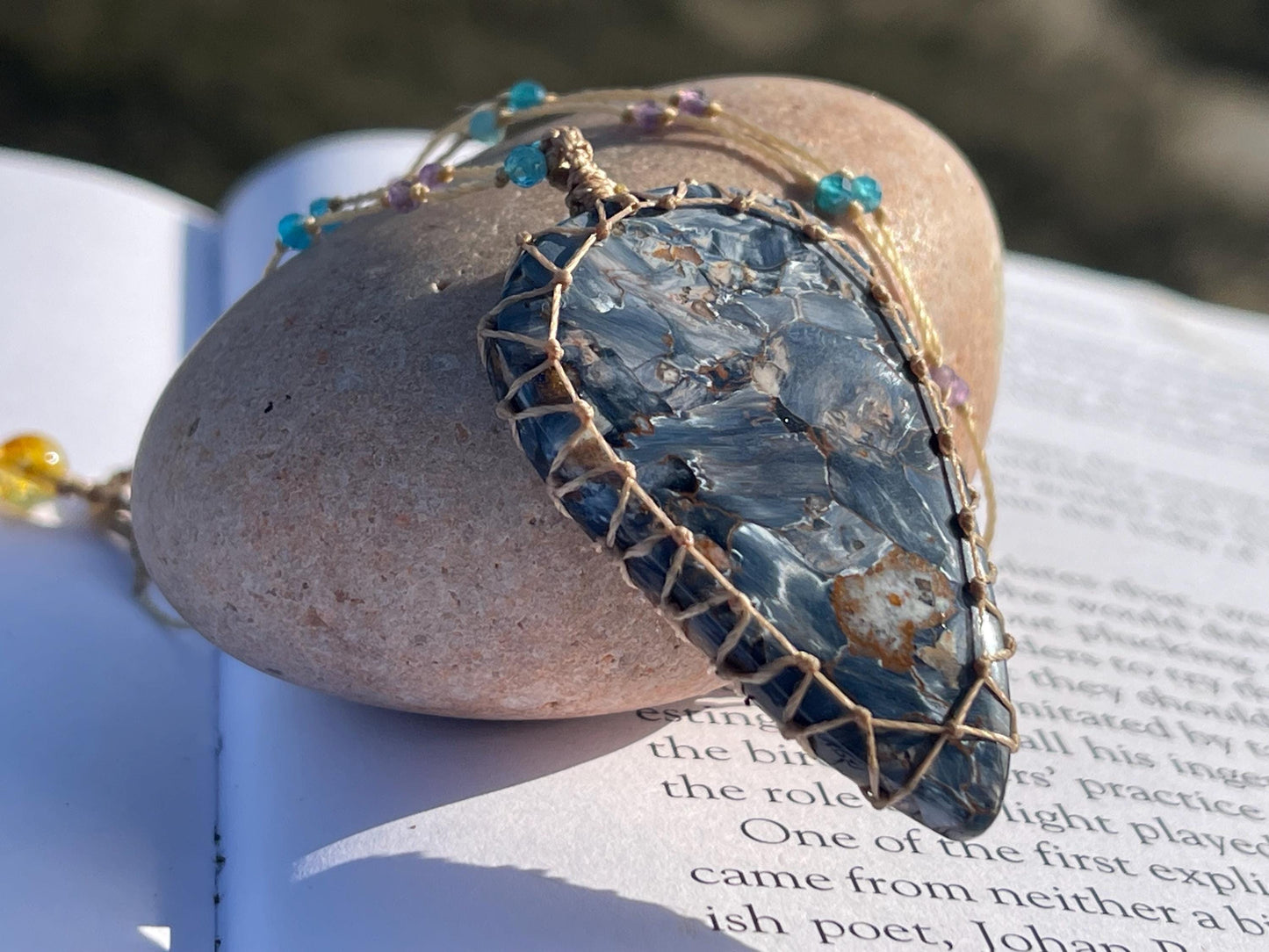 Stunning pietersite gemstone necklace, citrine pendant. Handmade gemstone necklace, boho jewellery. Macrame jewellery. Unique necklace.