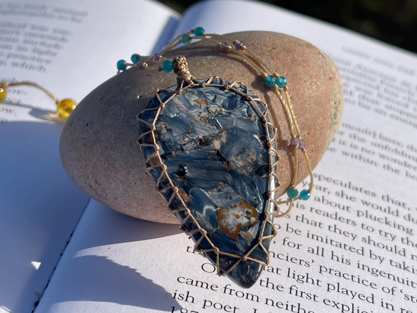 Stunning pietersite gemstone necklace, citrine pendant. Handmade gemstone necklace, boho jewellery. Macrame jewellery. Unique necklace.