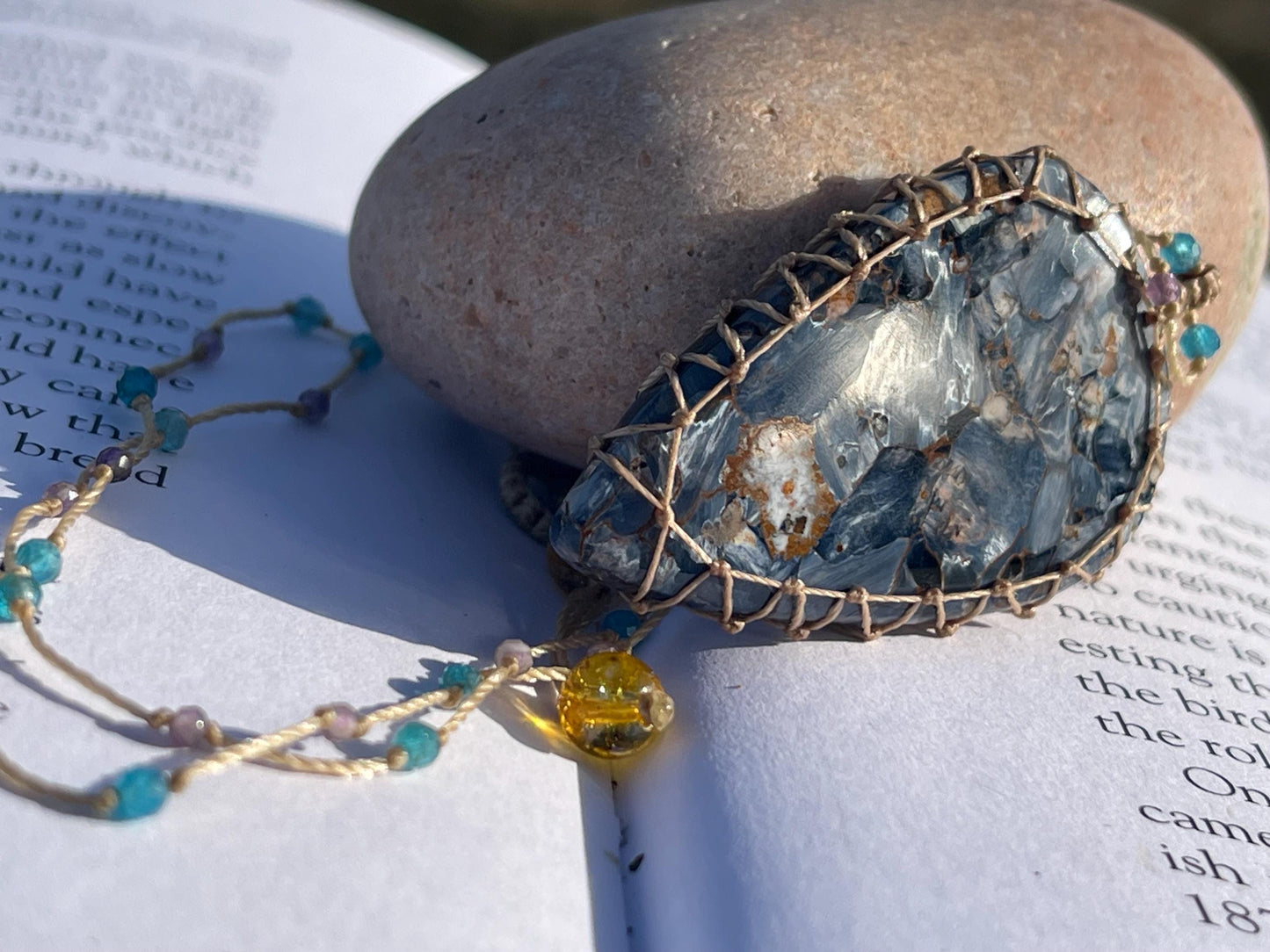 Stunning pietersite gemstone necklace, citrine pendant. Handmade gemstone necklace, boho jewellery. Macrame jewellery. Unique necklace.