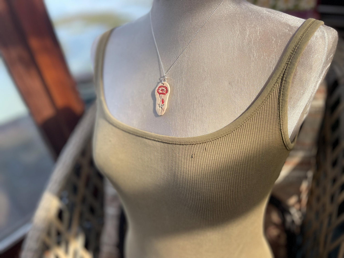 Handmade porcelain rose pendant. Eco friendly jewellery. Handmade rose necklaces on recycled sterling silver. Ethical jewellery. Eco gifts.