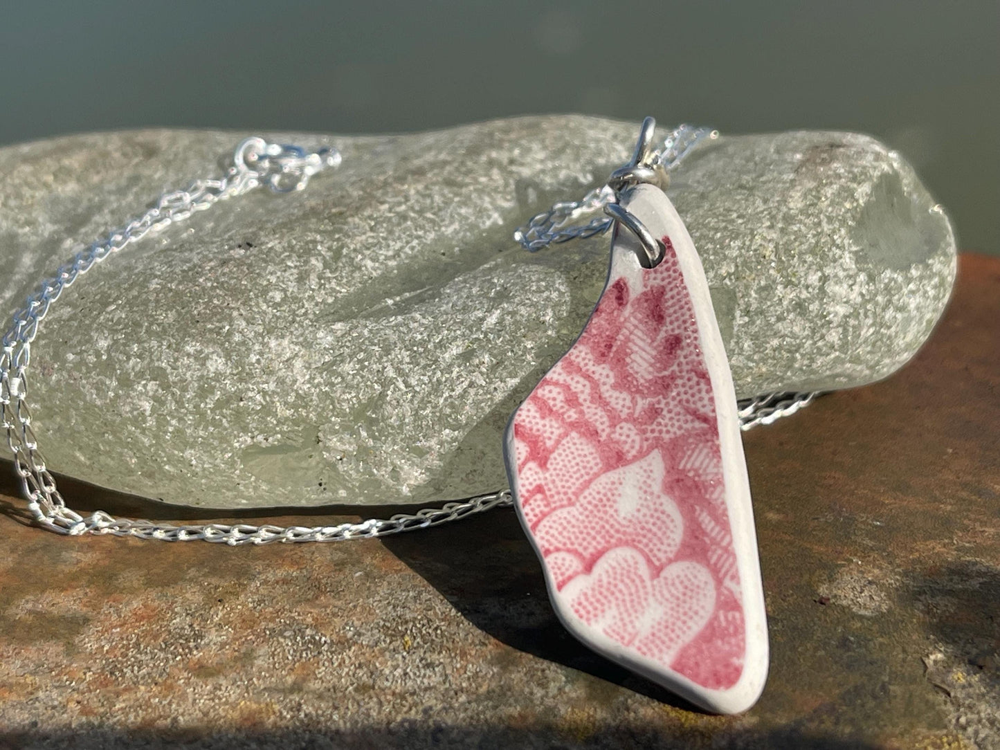 Eco friendly sea ceramic necklace on a sterling silver chain. Eco friendly jewellery, ethical jewellery. Eco friendly necklace.