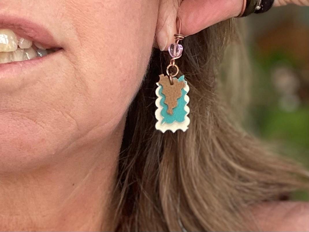 Eco friendly earrings made with sustainable cactus leather. Cruelty free, ethical, sustainable earrings. Eco friendly jewellery.