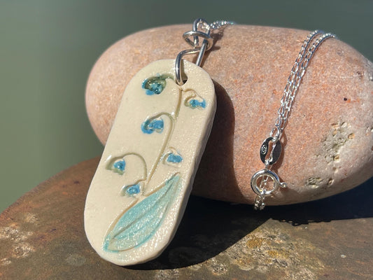 Handmade bluebell necklace. Eco friendly jewellery. Ethical pendants made with waste clay and recycled sterling silver. Ethical jewellery.