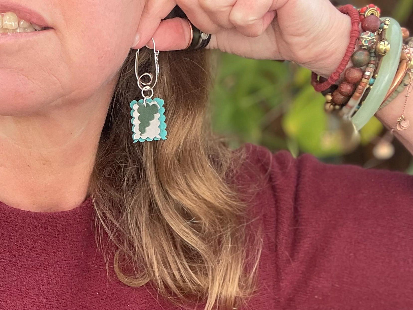 Eco friendly earrings made with sustainable cactus leather. Cruelty free, ethical, sustainable earrings. Eco friendly jewellery.