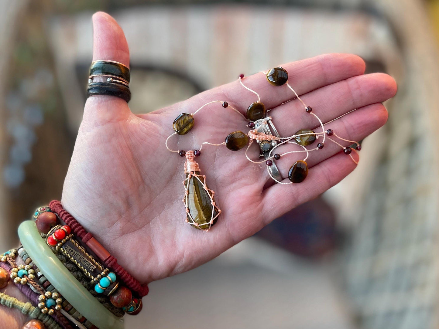 Stunning macrame tigers eye necklace, tigers eye pendant. Handmade gemstone necklace, boho jewellery. Macrame jewellery. Unique necklace.