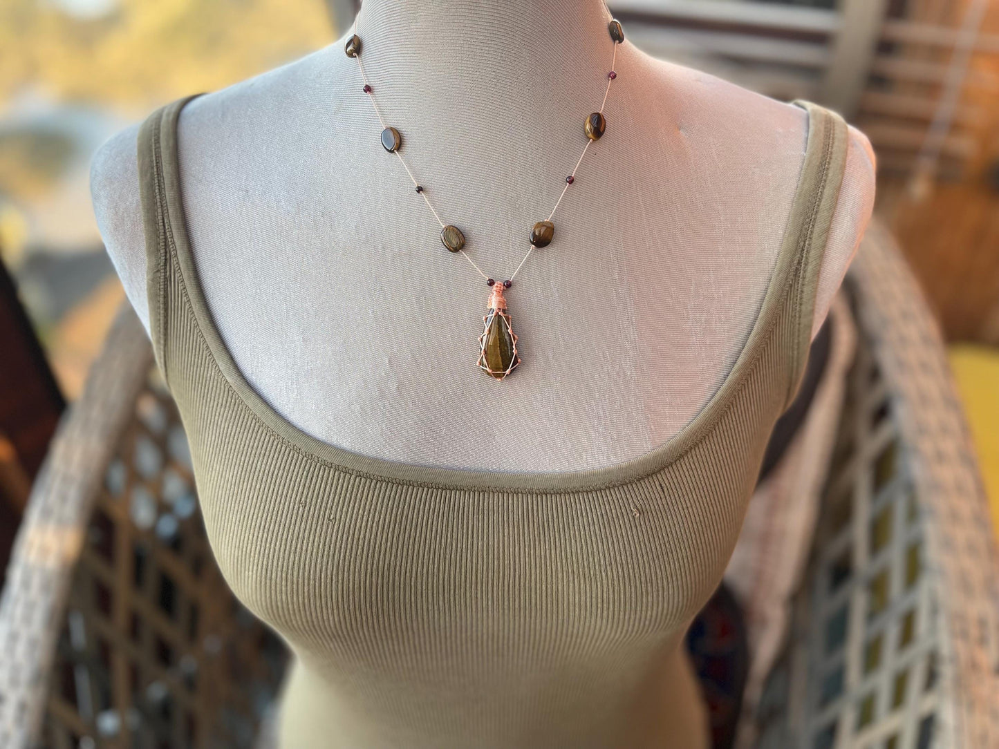 Stunning macrame tigers eye necklace, tigers eye pendant. Handmade gemstone necklace, boho jewellery. Macrame jewellery. Unique necklace.