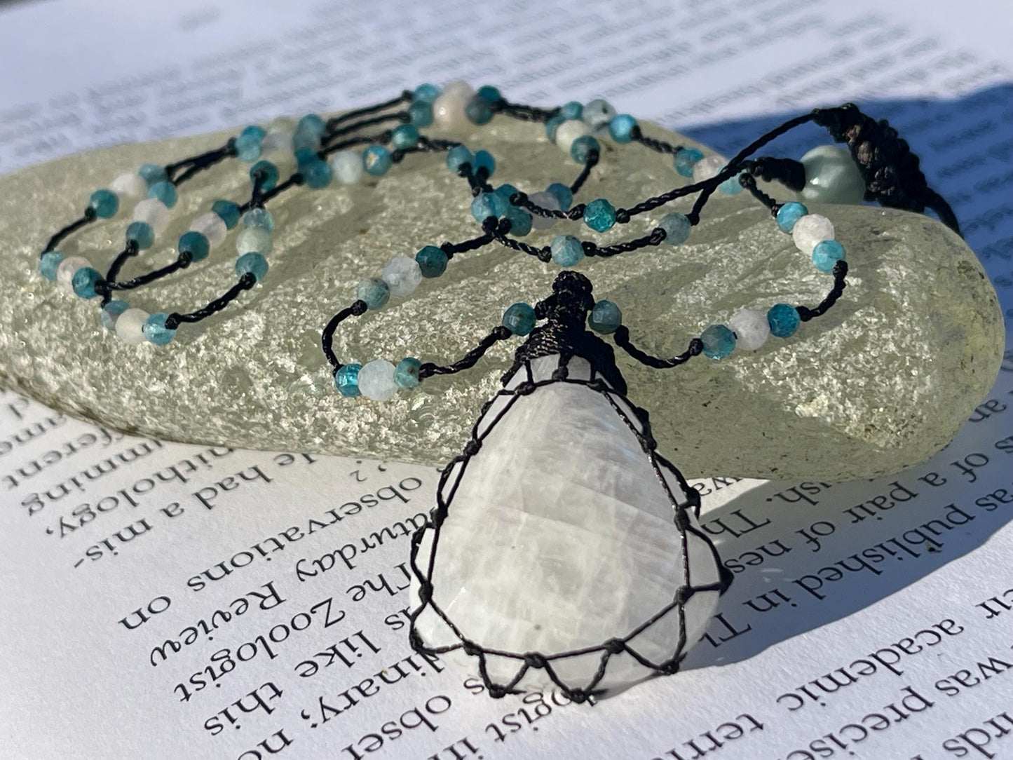 Stunning macrame moonstone necklace on an adjustable cord. Handmade gemstone necklace, boho jewellery. Macrame jewellery. Unique necklace.
