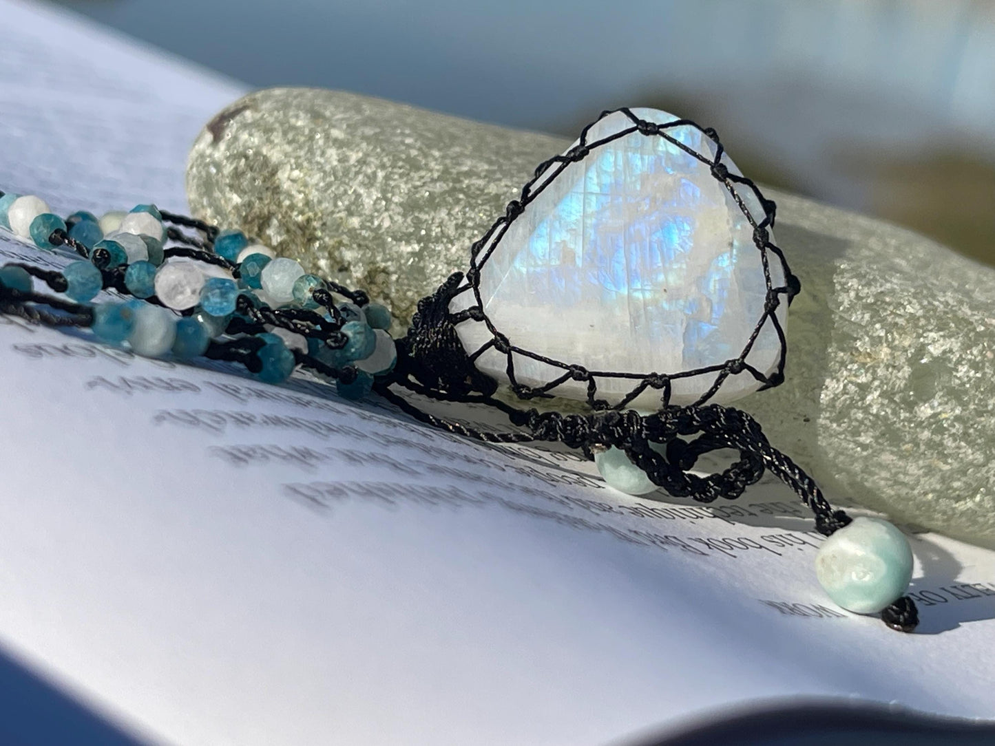 Stunning macrame moonstone necklace on an adjustable cord. Handmade gemstone necklace, boho jewellery. Macrame jewellery. Unique necklace.