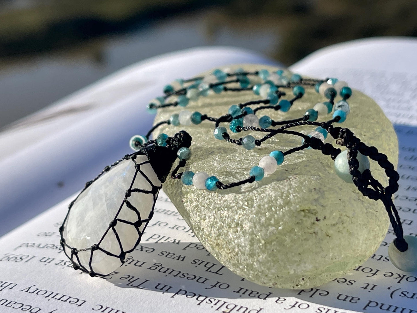 Stunning macrame moonstone necklace on an adjustable cord. Handmade gemstone necklace, boho jewellery. Macrame jewellery. Unique necklace.