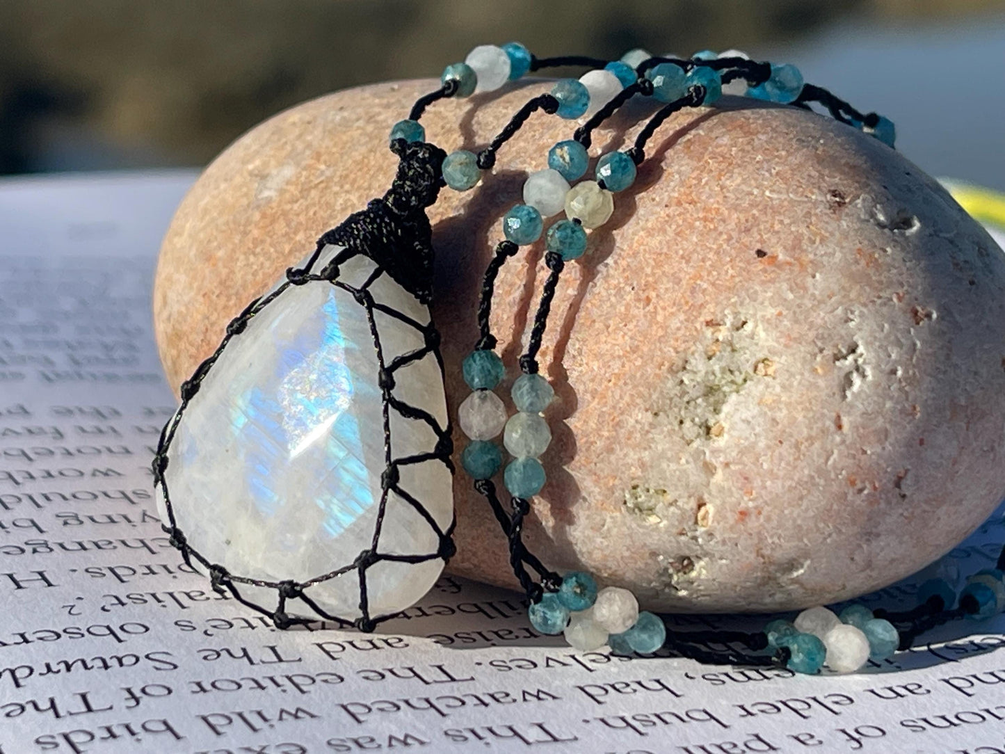 Stunning macrame moonstone necklace on an adjustable cord. Handmade gemstone necklace, boho jewellery. Macrame jewellery. Unique necklace.