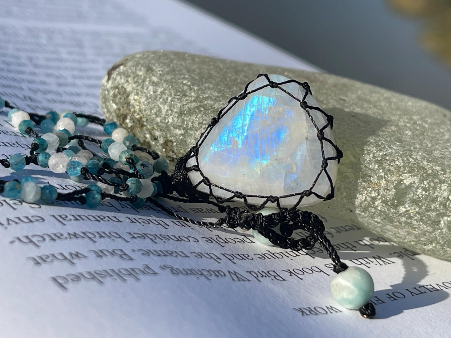 Stunning macrame moonstone necklace on an adjustable cord. Handmade gemstone necklace, boho jewellery. Macrame jewellery. Unique necklace.