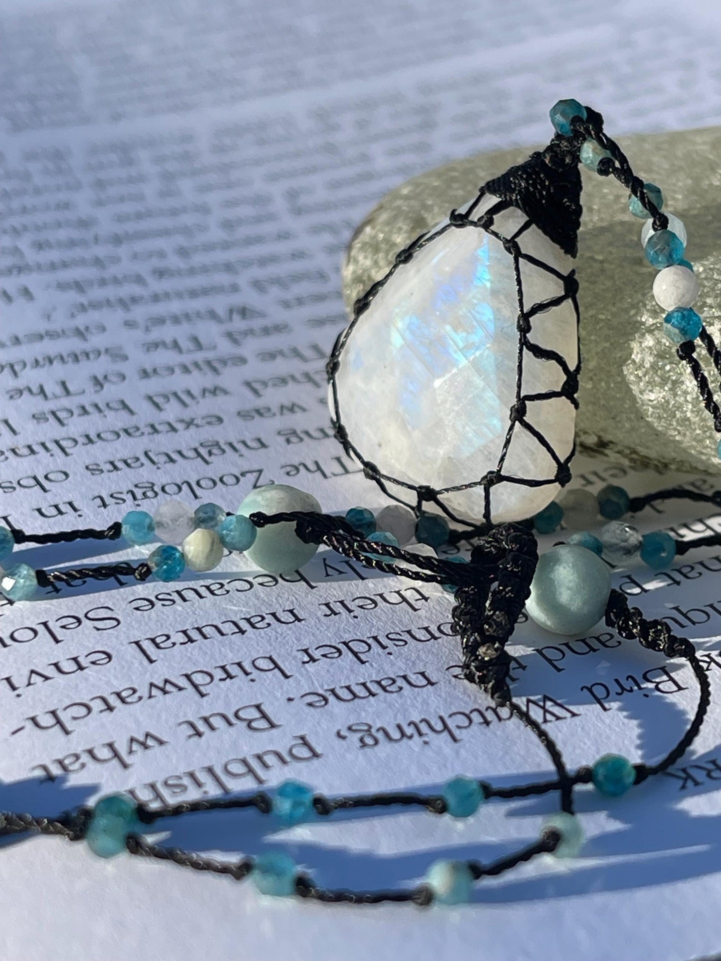 Stunning macrame moonstone necklace on an adjustable cord. Handmade gemstone necklace, boho jewellery. Macrame jewellery. Unique necklace.