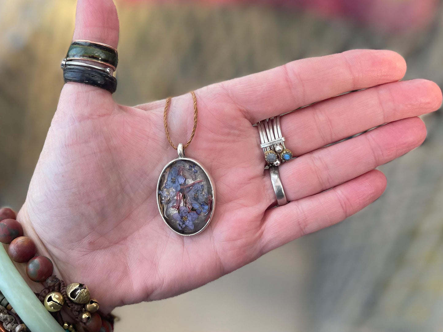 Flower necklace, ethical jewellery, forget me not necklace, handmade necklace, boho jewellery, flower pendant. Remembrance gifts.