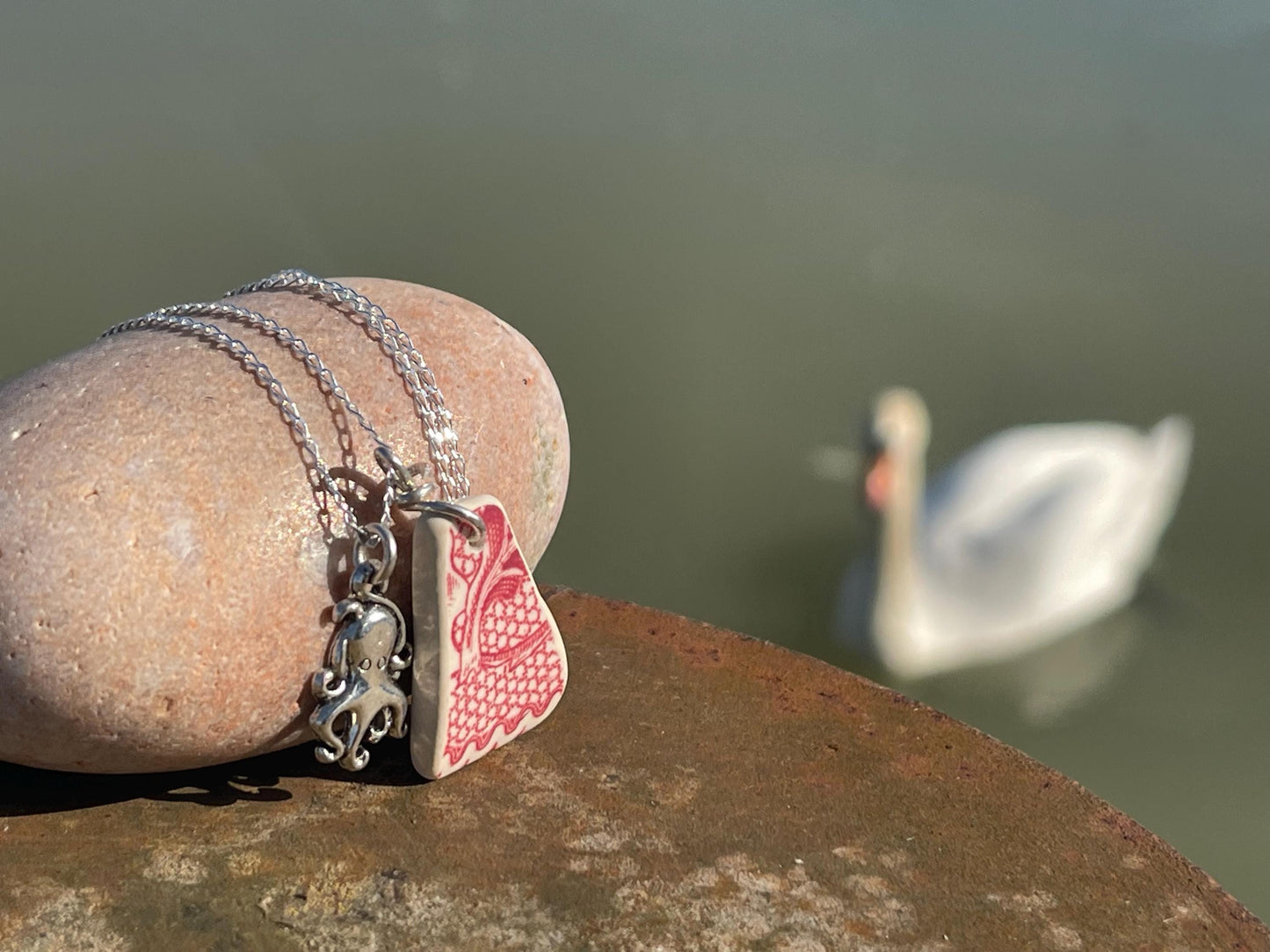 Eco friendly sea ceramic necklace on a sterling silver chain. Eco friendly jewellery, ethical jewellery. Eco friendly necklace.