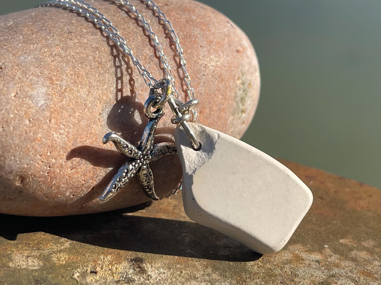 Eco friendly sea ceramic necklace on a sterling silver chain. Eco friendly jewellery, ethical jewellery. Eco friendly necklace.