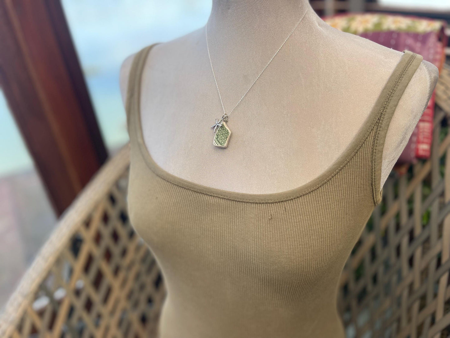 Eco friendly sea ceramic necklace on a sterling silver chain. Eco friendly jewellery, ethical jewellery. Eco friendly necklace.