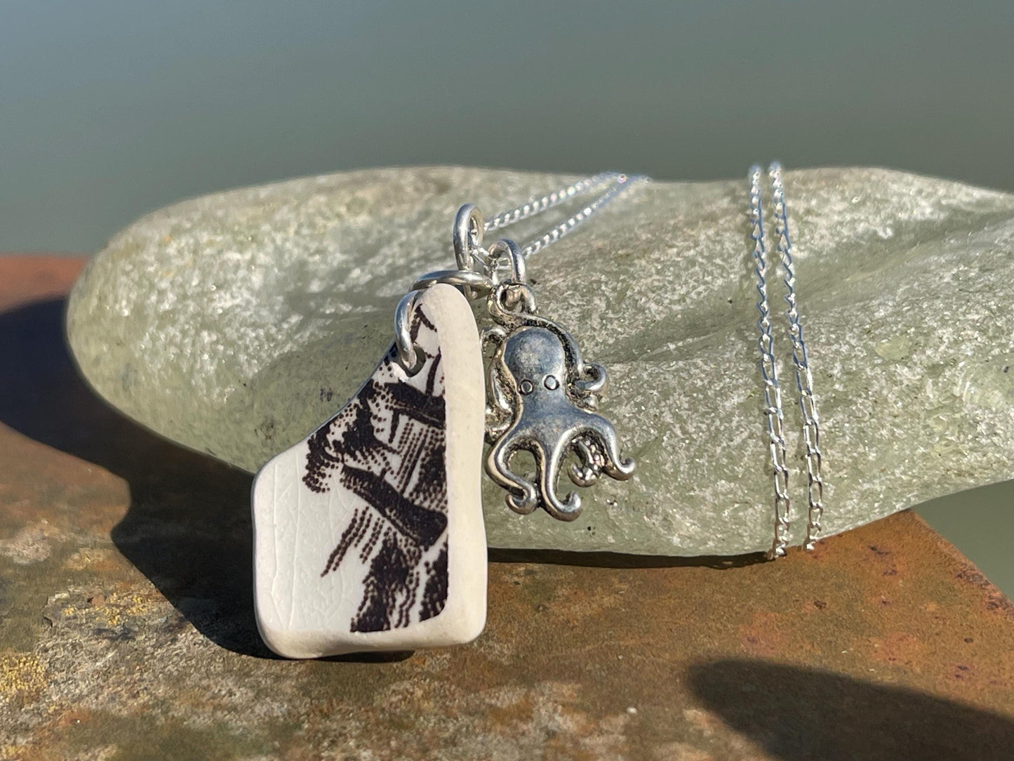 Eco friendly sea ceramic necklace on a sterling silver chain. Eco friendly jewellery, ethical jewellery. Eco friendly necklace.