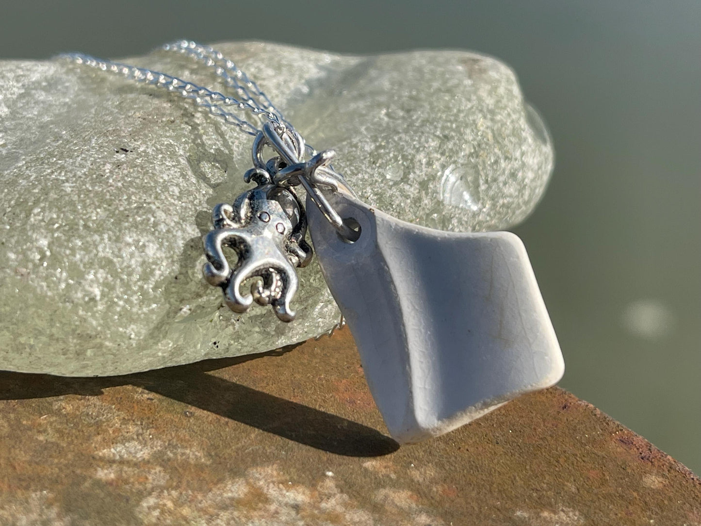 Eco friendly sea ceramic necklace on a sterling silver chain. Eco friendly jewellery, ethical jewellery. Eco friendly necklace.