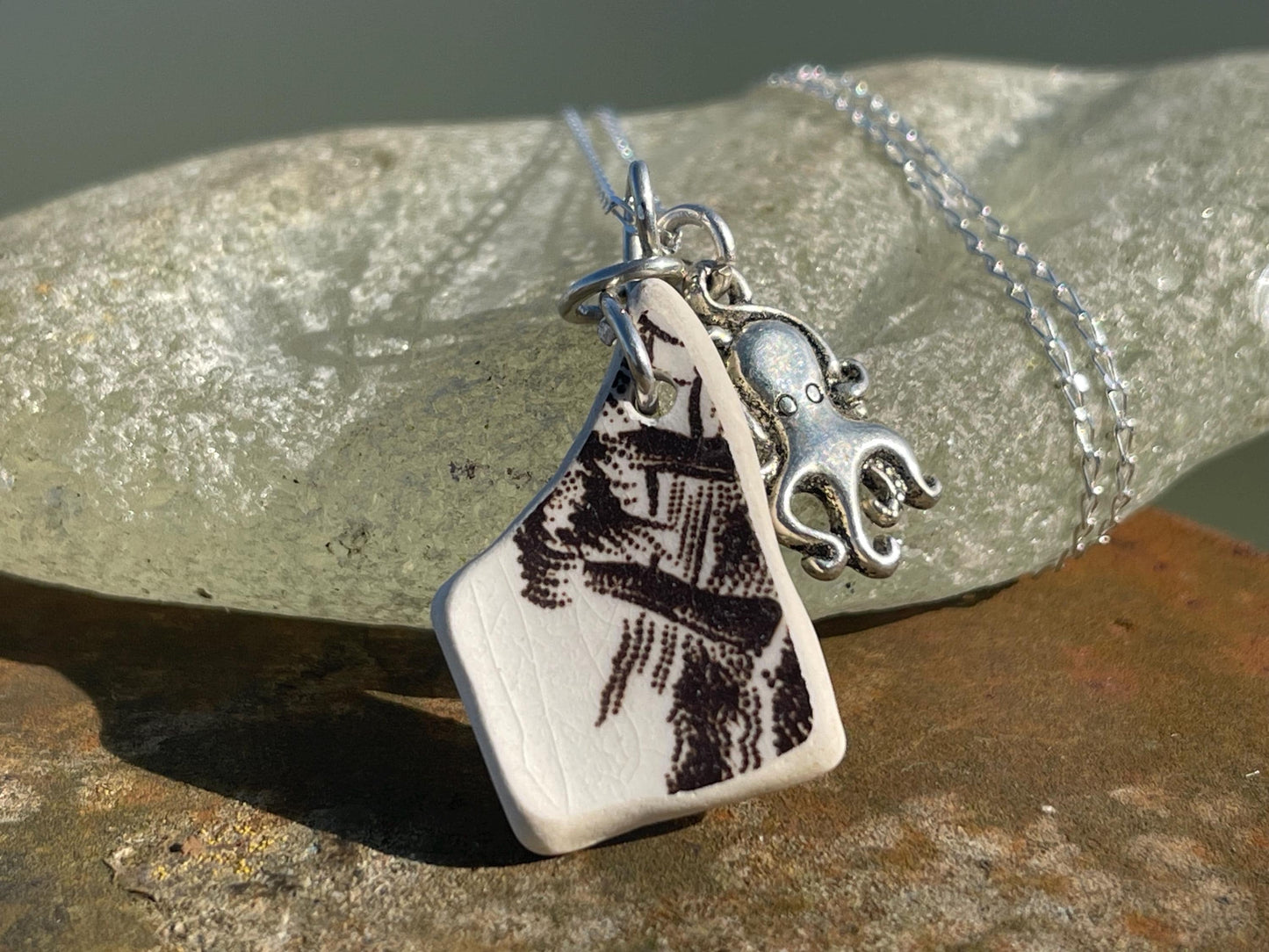 Eco friendly sea ceramic necklace on a sterling silver chain. Eco friendly jewellery, ethical jewellery. Eco friendly necklace.