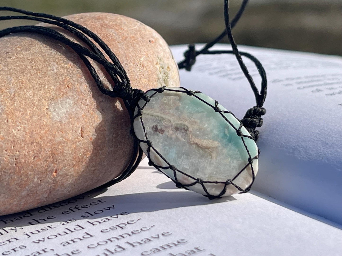 Stunning macrame Larimar necklace on an adjustable cord. Handmade gemstone necklace, boho jewellery. Macrame jewellery. Unique necklace.