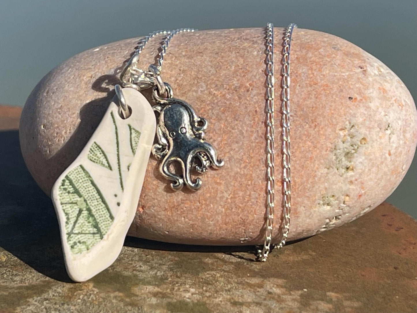 Eco friendly sea ceramic necklace on a sterling silver chain. Eco friendly jewellery, ethical jewellery. Eco friendly necklace.