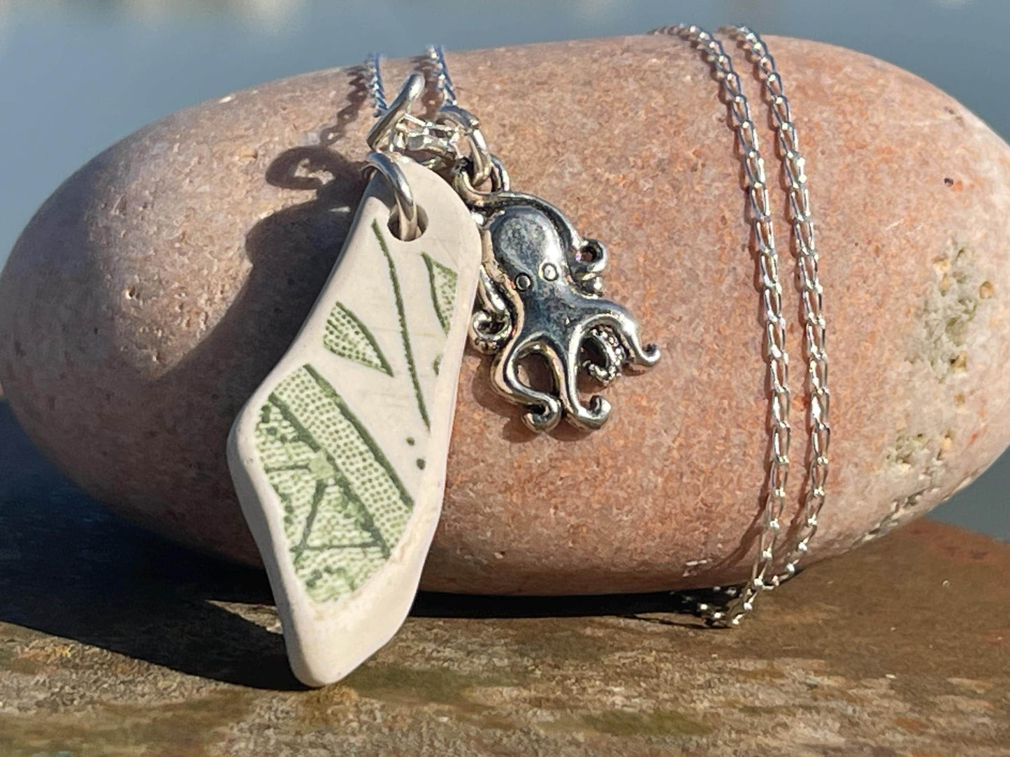 Eco friendly sea ceramic necklace on a sterling silver chain. Eco friendly jewellery, ethical jewellery. Eco friendly necklace.