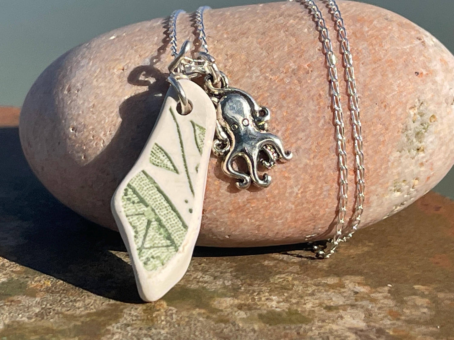 Eco friendly sea ceramic necklace on a sterling silver chain. Eco friendly jewellery, ethical jewellery. Eco friendly necklace.