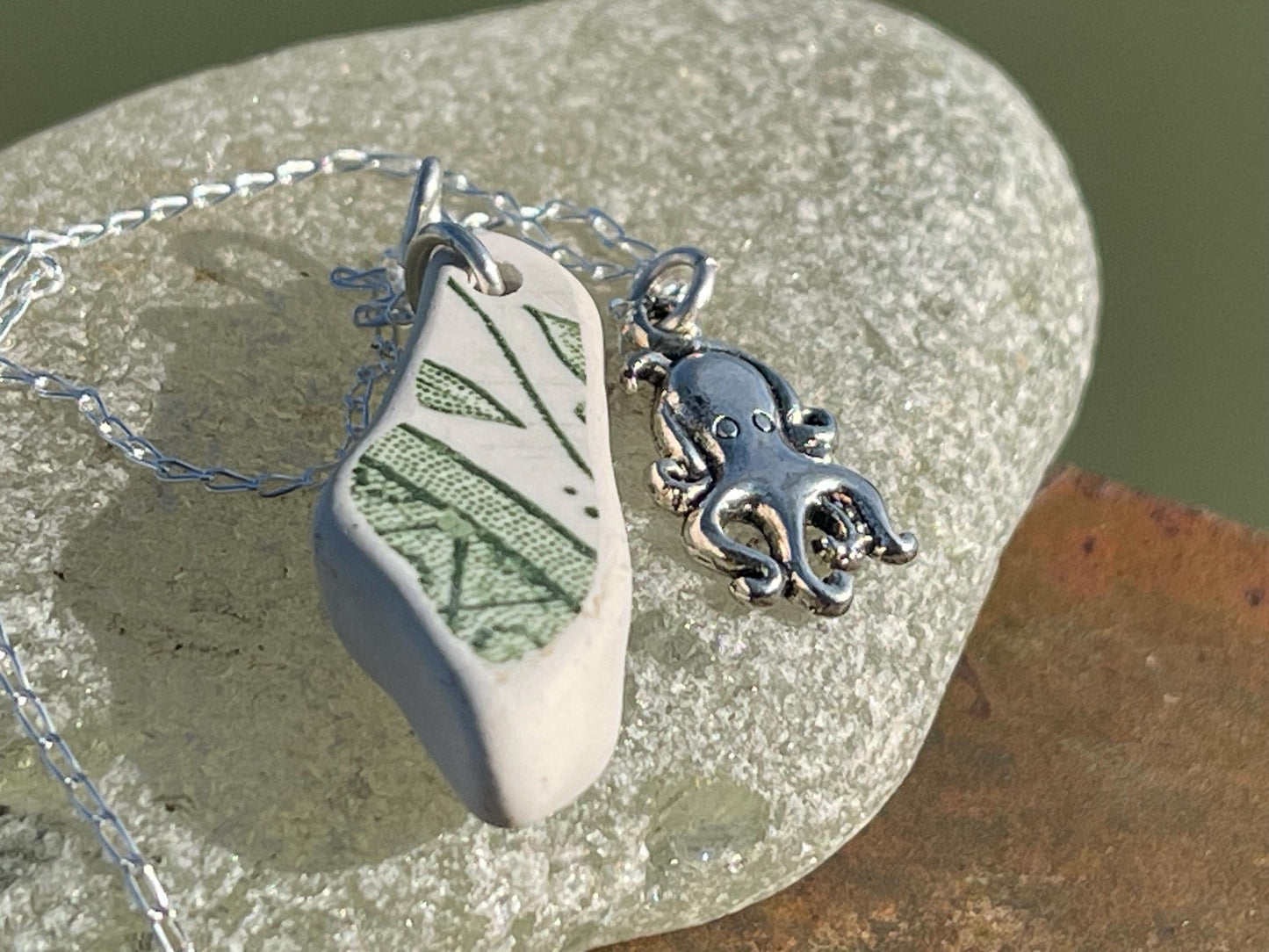 Eco friendly sea ceramic necklace on a sterling silver chain. Eco friendly jewellery, ethical jewellery. Eco friendly necklace.