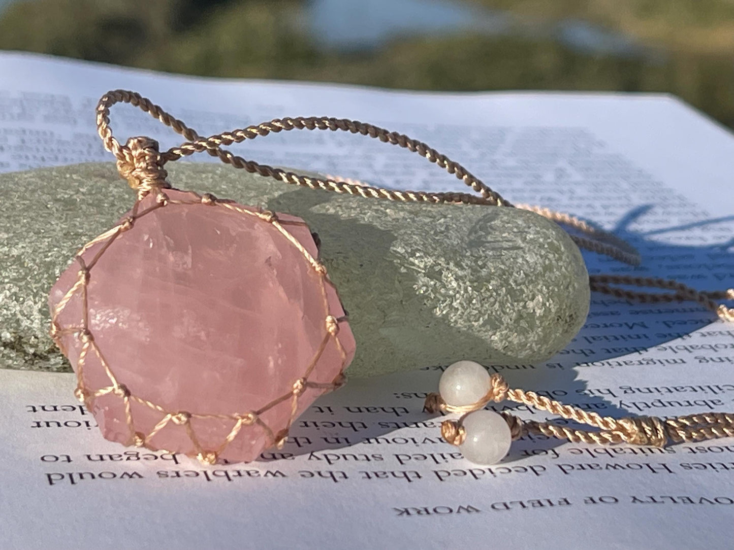 Stunning macrame rose quartz necklace on an adjustable cord. Handmade gemstone necklace, boho jewellery. Macrame jewellery. Unique necklace.