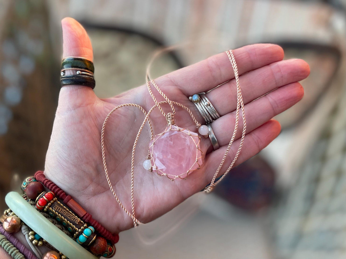 Stunning macrame rose quartz necklace on an adjustable cord. Handmade gemstone necklace, boho jewellery. Macrame jewellery. Unique necklace.